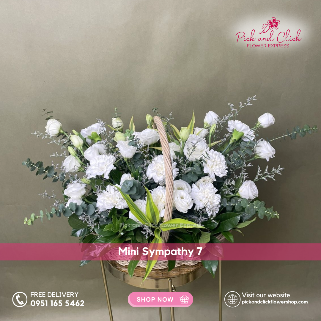 Mini Sympathy 8 featuring a mini funeral arrangement with white roses, white carnation, white lisianthus, misty blue, and rosal, a simple yet elegant sympathy floral design for respectful tributes and memorial services in the Philippines.