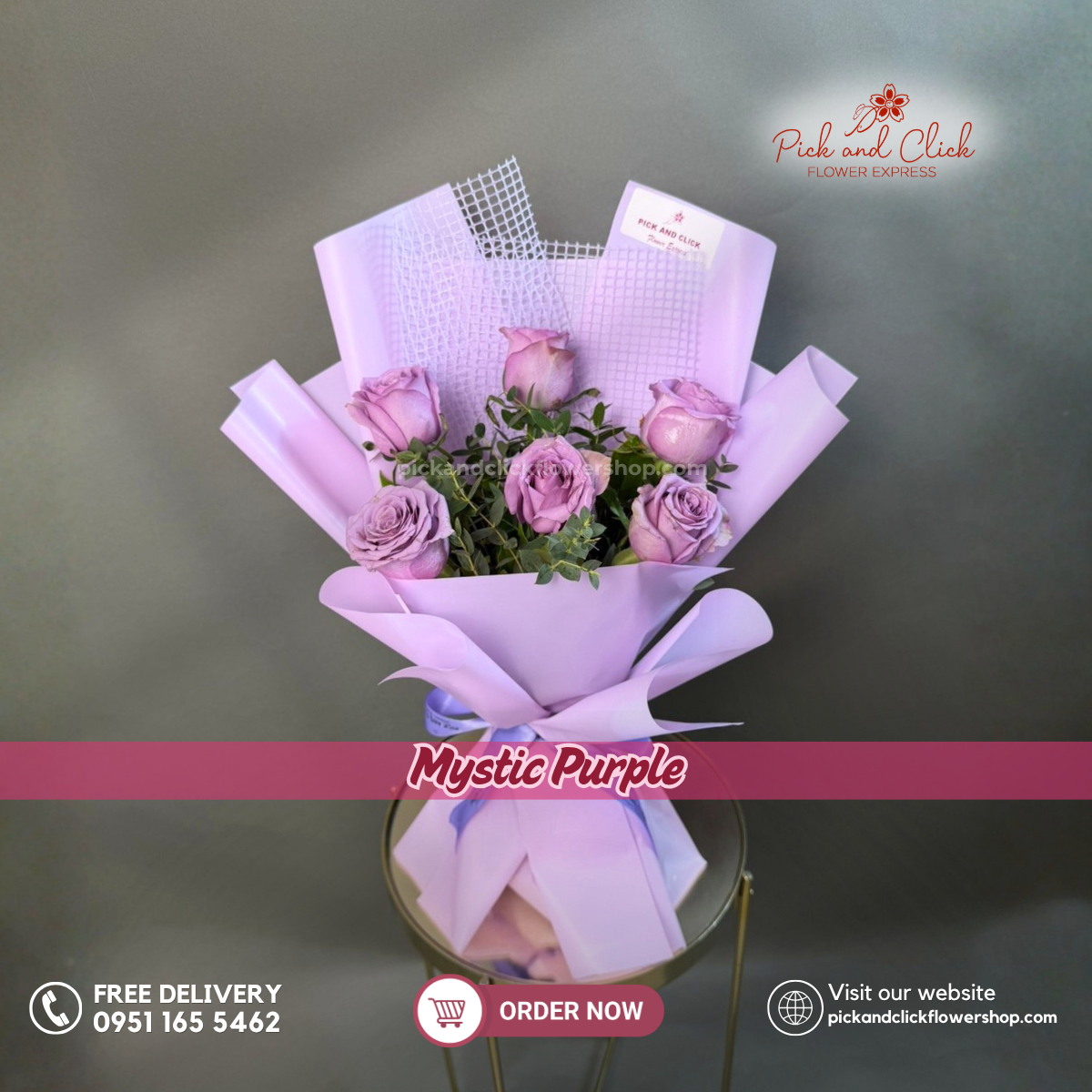 Mystic Purple Bouquet featuring moody blue roses with fresh parvi leaves in an elegant purple themed floral arrangement, a unique and stylish bouquet perfect for romantic gifts, birthdays, and special occasions in the Philippines.
