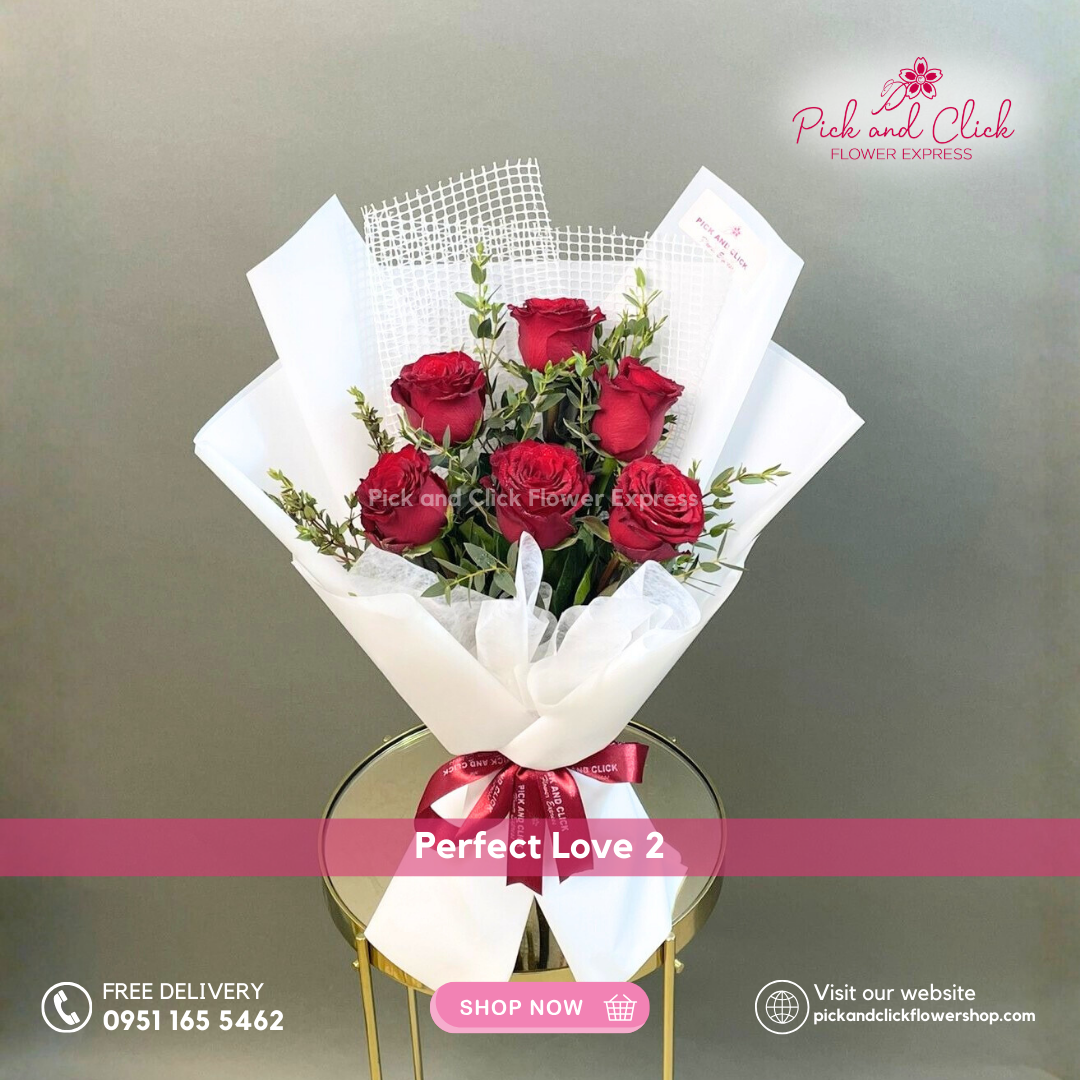 Perfect Love 2 bouquet featuring 6 imported red roses with parvi leaves arranged in a classic elegant hand bouquet.