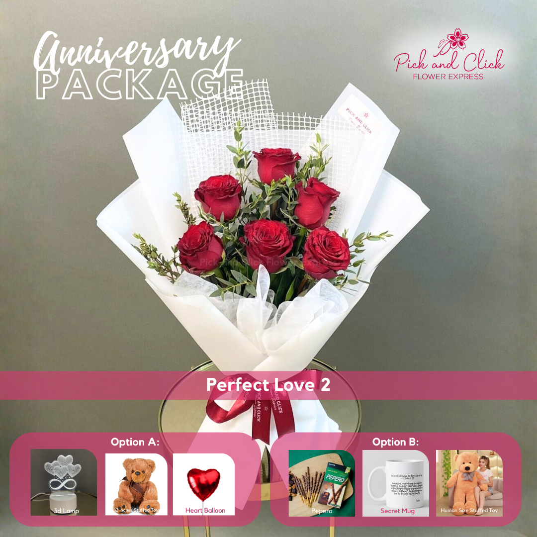 Perfect Love 2 bouquet featuring 6 imported red roses and parvi leaves arranged in an anniversary gift package with optional add ons.
