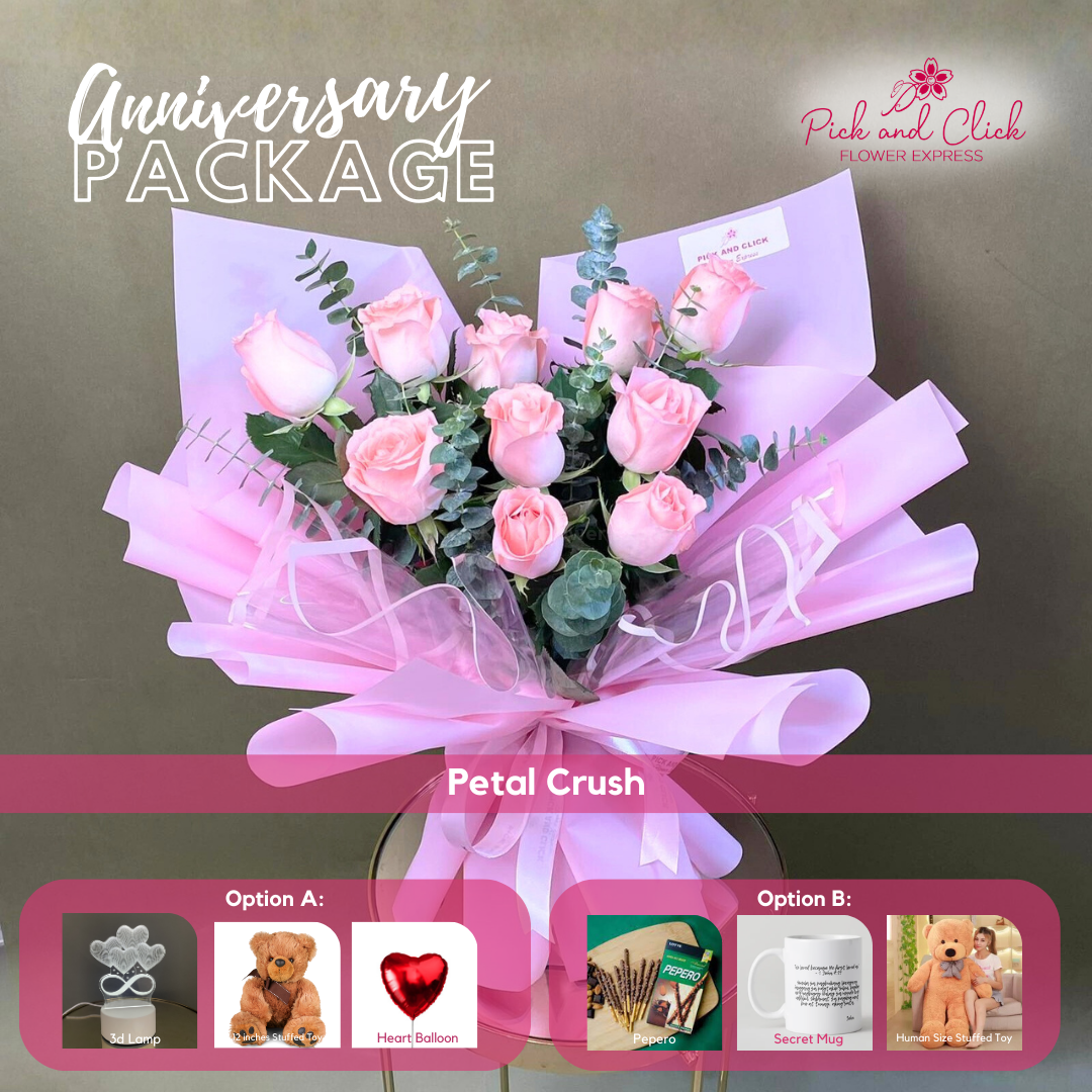 Petal Crush bouquet featuring 10 imported light pink roses and eucalyptus arranged in an anniversary gift package with optional add ons.