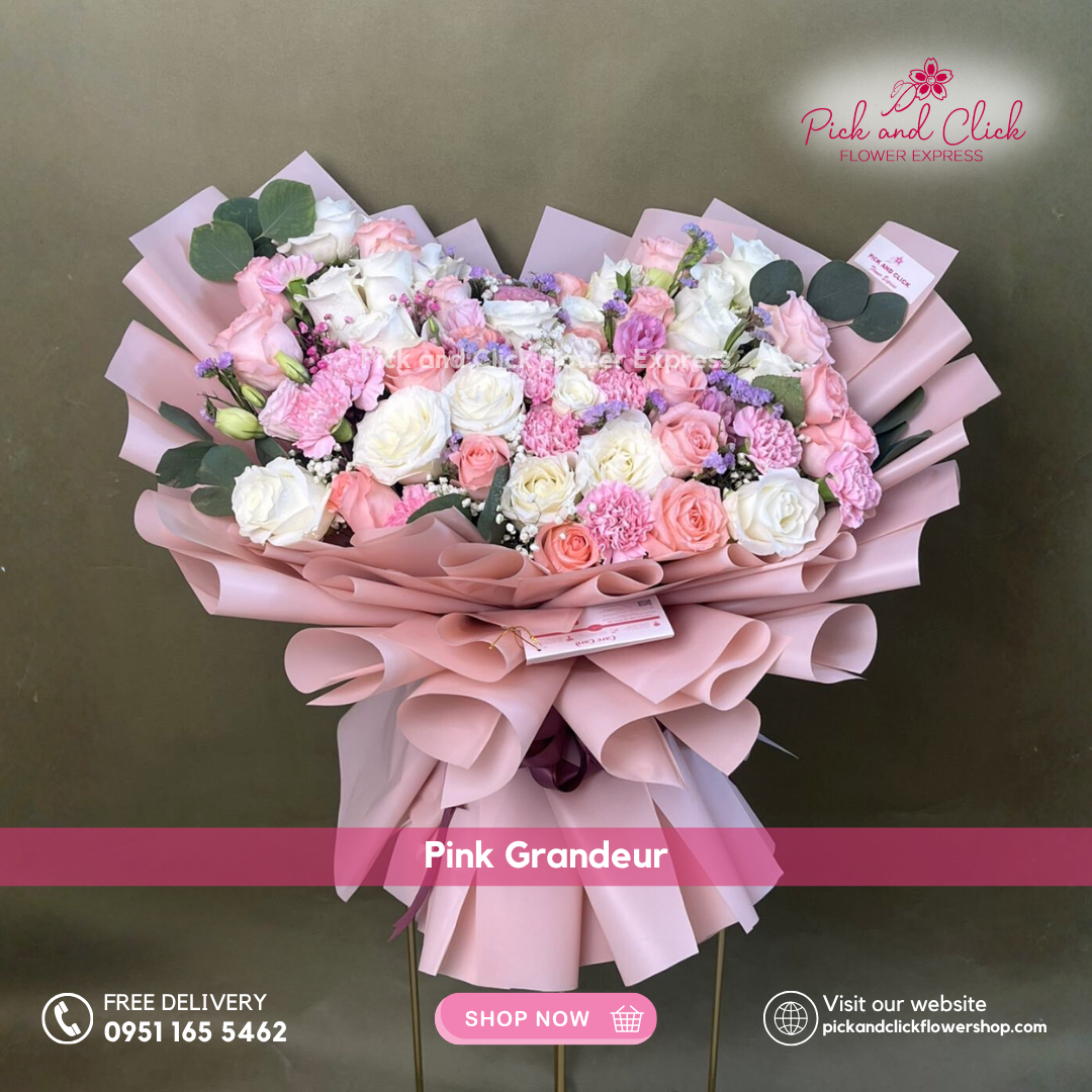 Bouquet with white and light pink China rose, pink lisianthus, and silver dollar eucalyptus in pink wrap