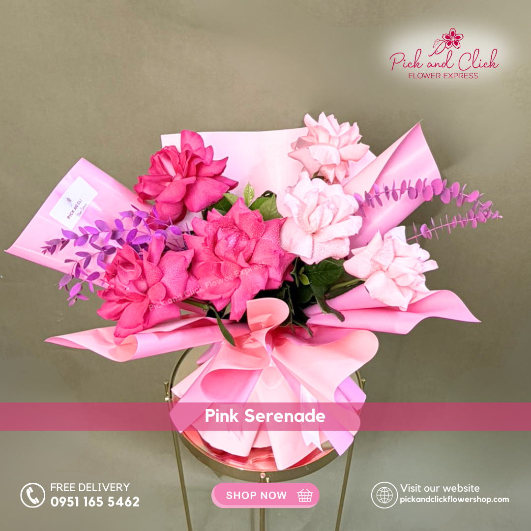 Pink Serenade Bouquet with fuchsia and light pink roses, pink-sprayed parvi leaves, and eucalyptus in elegant Korean-style wrapping.