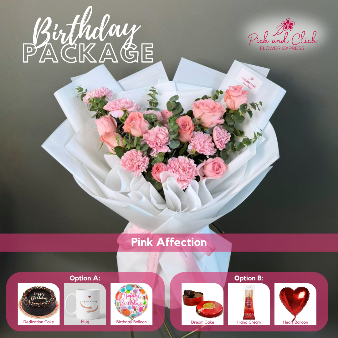 Pink Affection Birthday Package featuring 10 light pink roses, 10 light pink carnations, and eucalyptus with your choice of birthday gift add-ons.