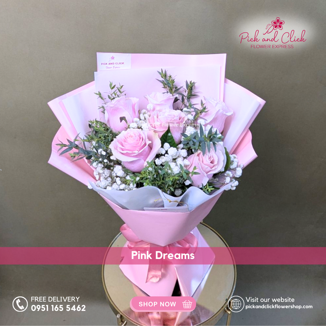 Pink Dreams Bouquet featuring imported China pink roses accented with delicate gypsophila and fresh parvi leaves, a soft and dreamy floral arrangement perfect for birthdays, anniversaries, and special occasions in the Philippines.