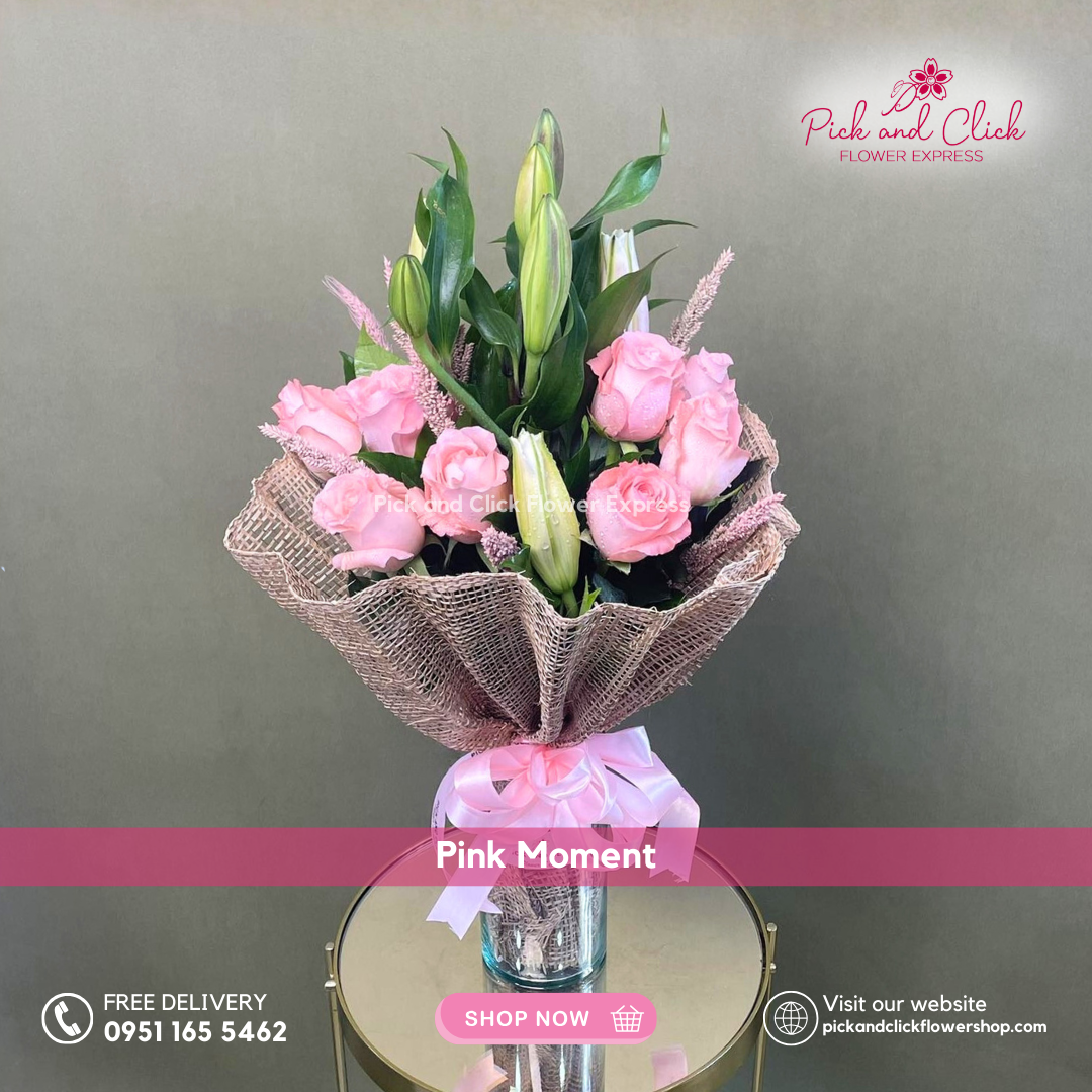 Pink Moment Bouquet featuring pink stargazer lilies and pink roses arranged in a soft and elegant floral design, a romantic bouquet perfect for birthdays, anniversaries, and special occasions in the Philippines.