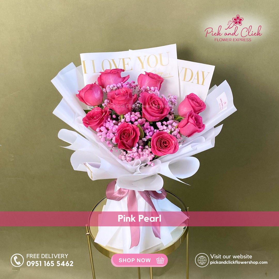Pink Pearl Bouquet featuring fuchsia pink roses accented with pink sprayed gypsophila, a bright and elegant floral arrangement perfect for romantic gifts, birthdays, anniversaries, and special occasions in the Philippines.