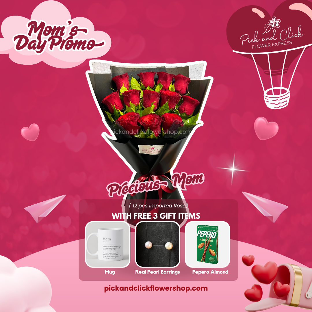 Bouquet of imported red roses in black wrapping with included freebies — a stylish and heartfelt gift for a precious mom