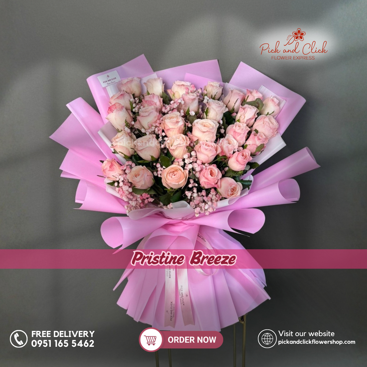Pristine Breeze Bouquet featuring 30 premium Priscila roses accented with delicate pink sprayed gypsophila, arranged in an elegant floral design, a luxurious and romantic bouquet perfect for anniversaries, birthdays, proposals, and special occasions in the Philippines.