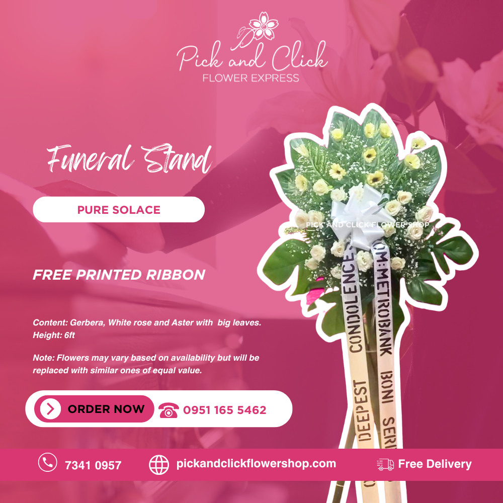 Pure Solace Funeral Stand featuring white roses and aster accented with big lush green leaves, a serene and elegant sympathy floral arrangement designed as a respectful tribute for funerals and memorial services in the Philippines.