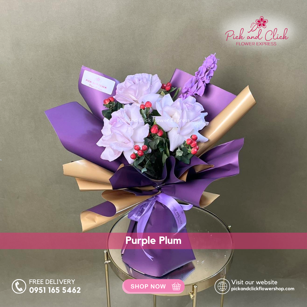 Mini bouquet featuring moody blues roses, berries, and purple-sprayed Bells of Ireland in a 46x40 cm arrangement with premium Korean wrapping.