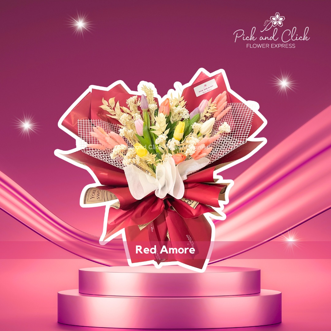 Assorted Tulips in Red Wrapping