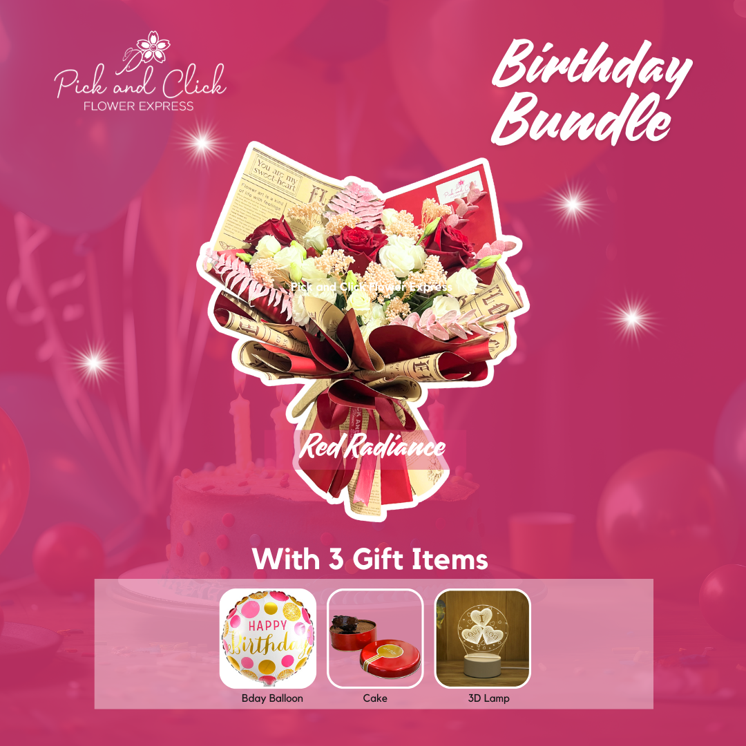 Bouquet of imported red rose, white lisianthus, and dried flowers in printed two-tone wrap — romantic and elegant gift