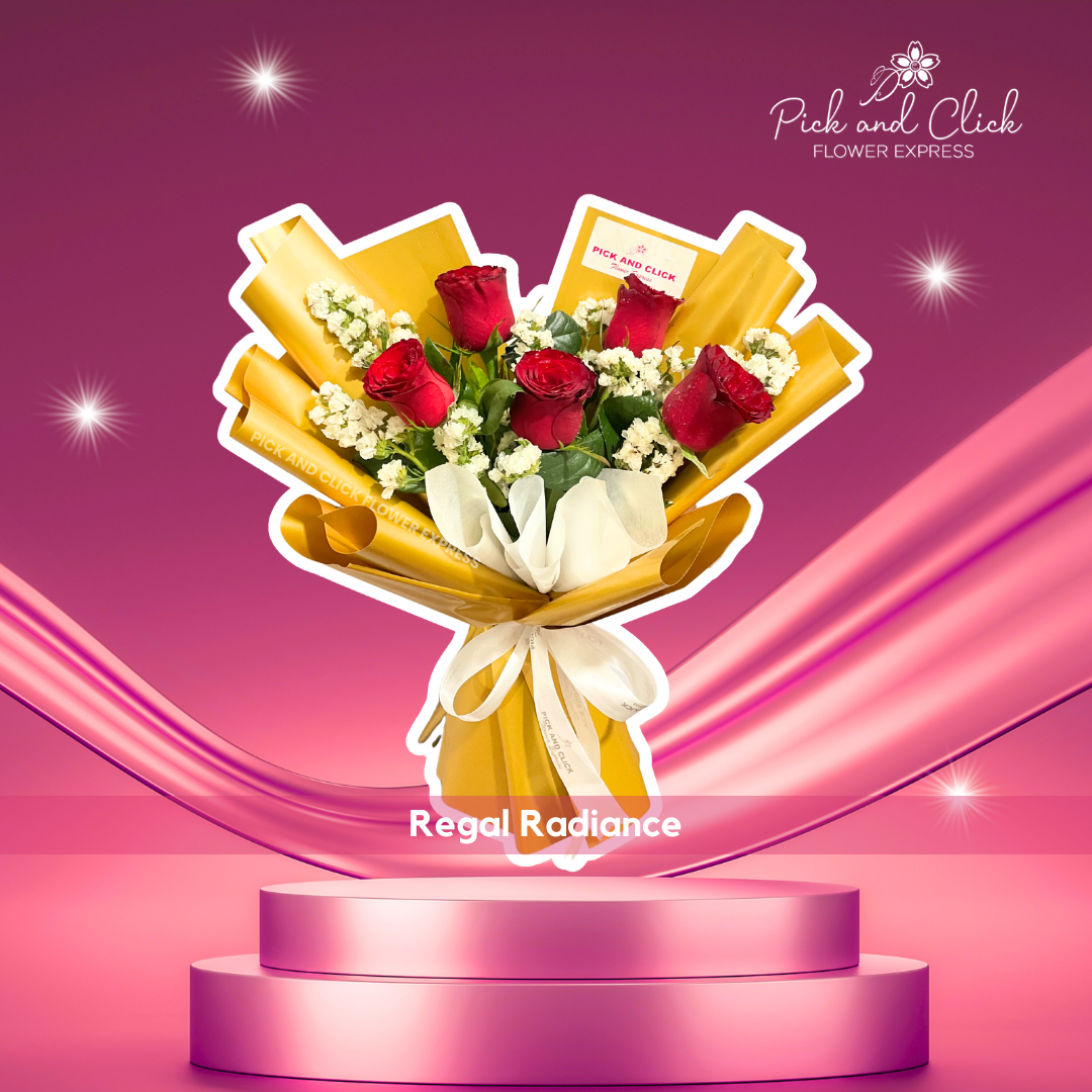 Bouquet of 5 imported red roses with white statice in bright yellow wrapping paper