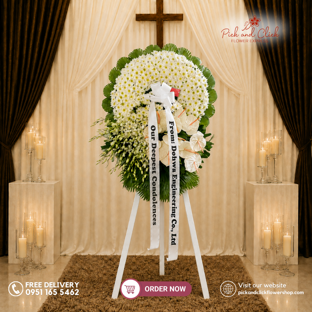 Restful Elegance Funeral Stand featuring Orchids, Anthurium, Radus, Anahaw, and Tibatib in an elegant funeral floral tribute in the Philippines.