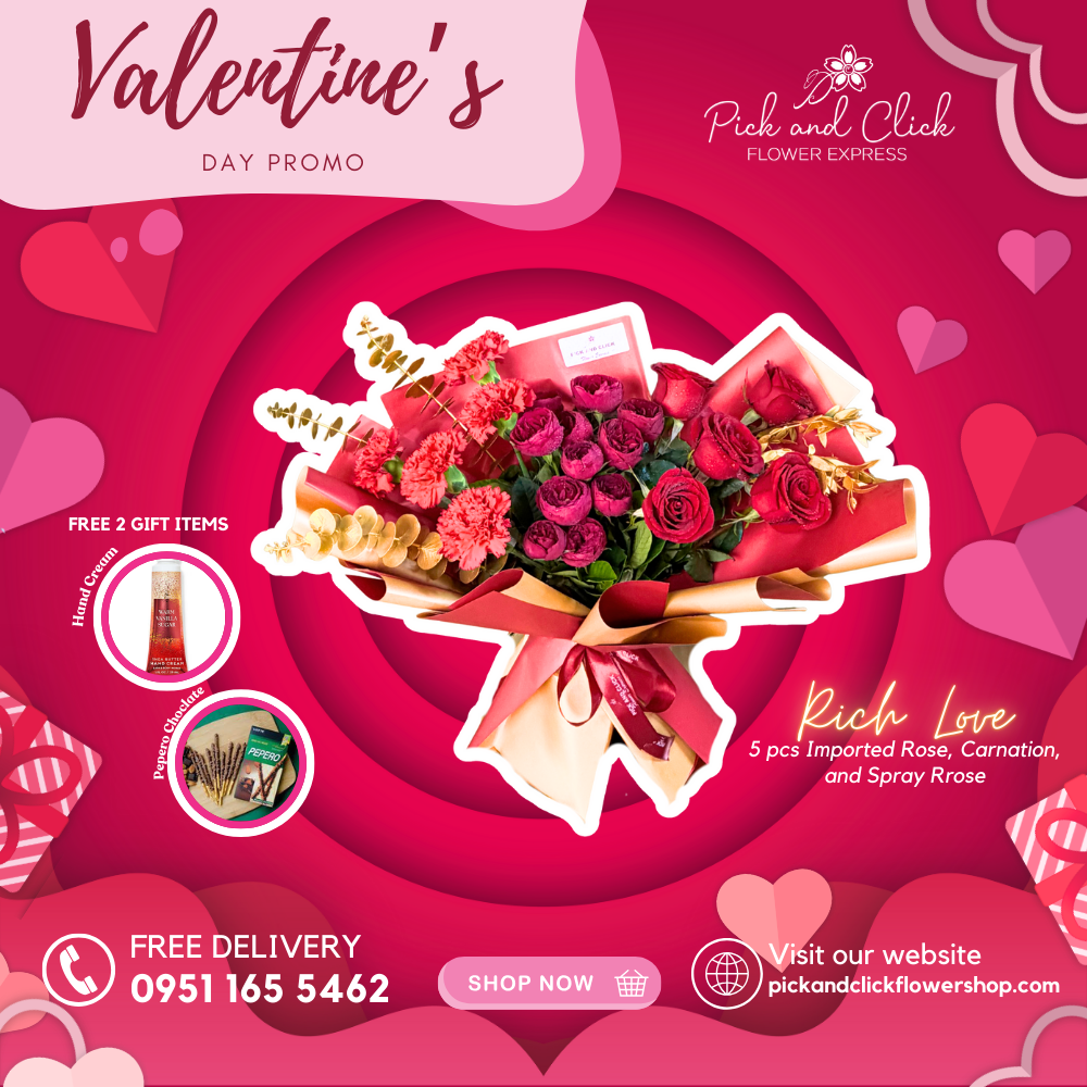 Rich Love Bouquet featuring imported red roses, red spray roses, red carnations, gold-sprayed eucalyptus, and parvi leaves, presented with free hand cream and Pepero for a luxurious romantic gift.