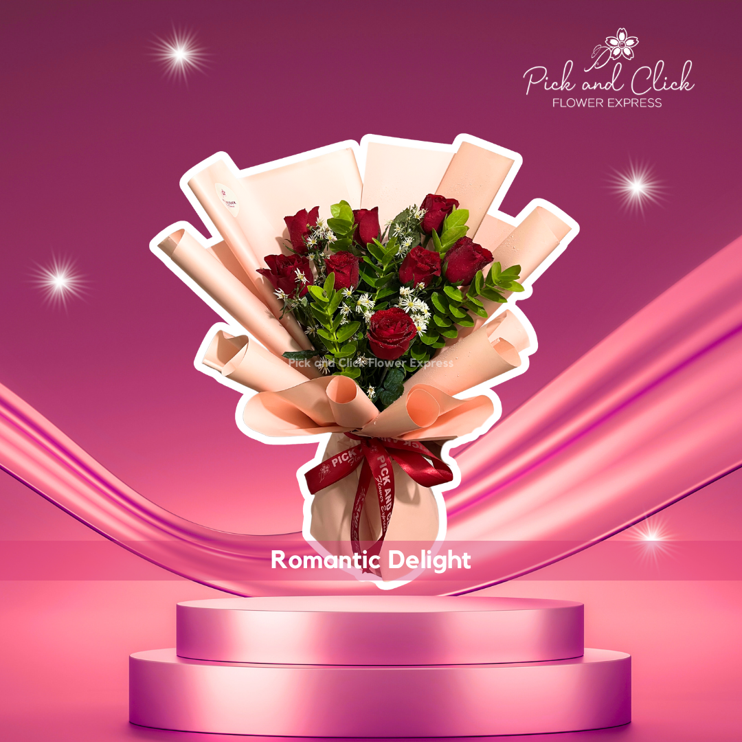 Bouquet of local red rose, rosal, and aster in peach wrap — warm and cheerful floral gift