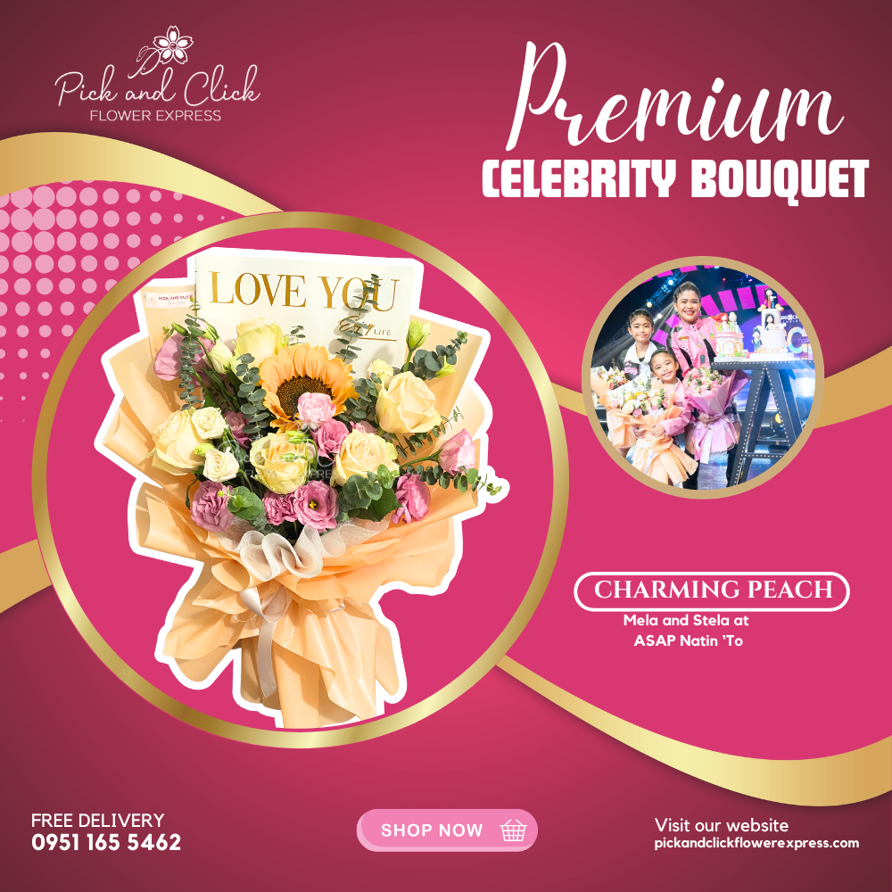 Bouquet with sunflower, pink lisianthus, peach China rose, and eucalyptus in peach wrap with printed “I Love You” white overlay