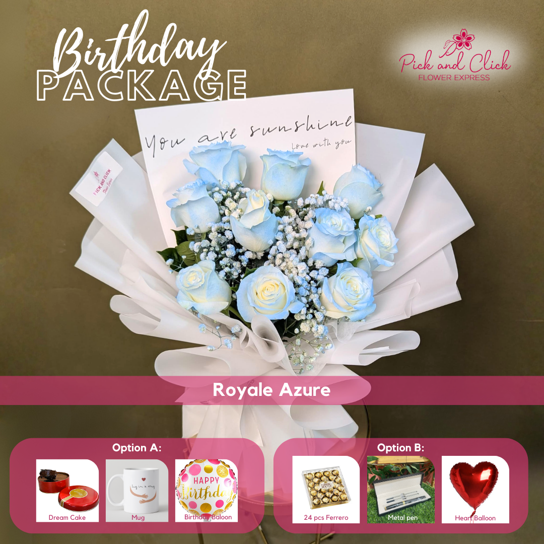 Royale Azure Bouquet featuring light blue sprayed imported white roses and light blue sprayed gypsophila, arranged in an elegant and dreamy floral design, presented as a birthday gift package with optional add ons in the Philippines.