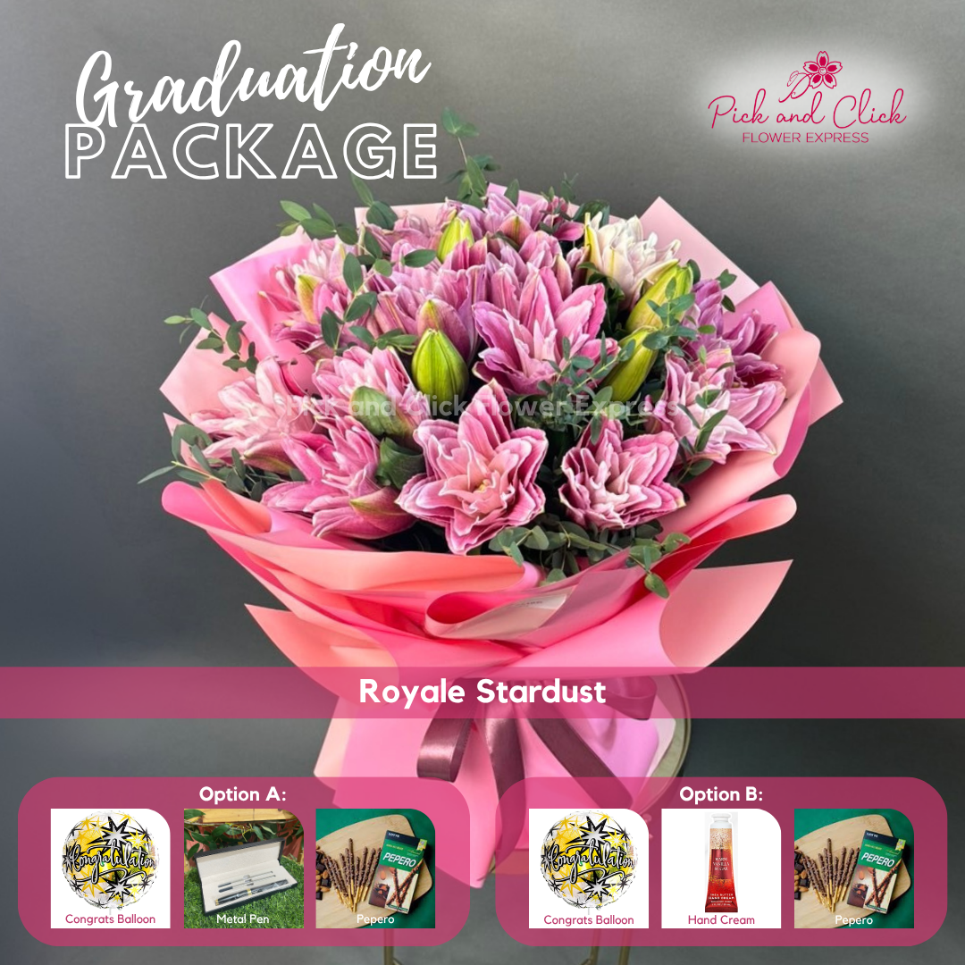 Royale Stardust Grad Pack featuring 10 stems of double petal pink stargazer lilies accented with fresh parvi leaves, arranged with your choice of graduation gift add ons, a graceful and luxurious floral arrangement perfect for graduation ceremonies, achievements, and memorable celebrations in the Philippines.