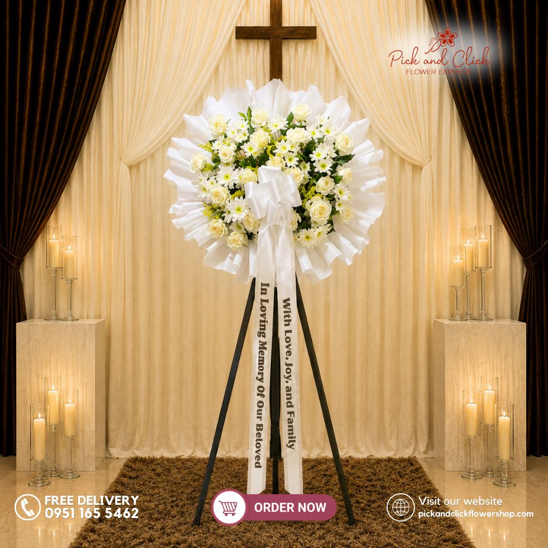 Sacred Bloom Funeral Stand featuring Imported White Roses, Golden Rod, and Radus in an elegant white and soft yellow funeral flower arrangement for sympathy, memorial services, wakes, and condolence tributes in Metro Manila, Philippines.