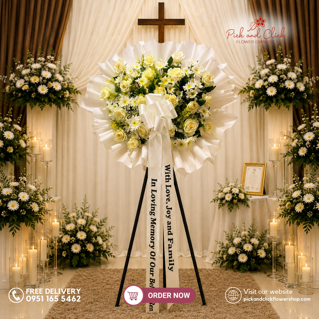 Sacred Bloom Funeral Stand featuring Imported White Roses, Golden Rod, and Radus in an elegant white and soft yellow funeral flower arrangement for sympathy, memorial services, wakes, and condolence tributes in Metro Manila, Philippines.
