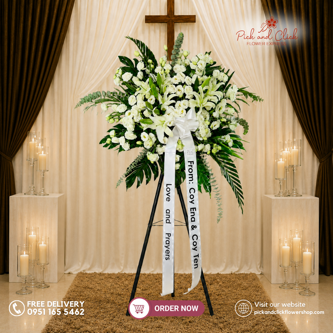 Serene Tribute Funeral Stand with White Stargazers, White Lisianthus, Tibatib, Palmera, and Eucalyptus for funeral and memorial services in the Philippines.