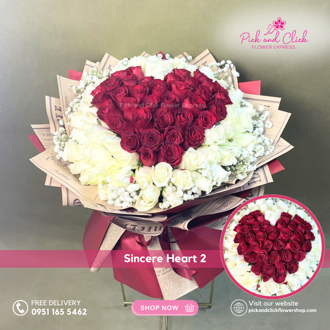 Sincere Heart 2 Bouquet featuring imported red roses, imported white roses, and delicate gypsophila, a timeless and elegant floral arrangement perfect for romantic gifts, anniversaries, weddings, and special occasions in the Philippines.