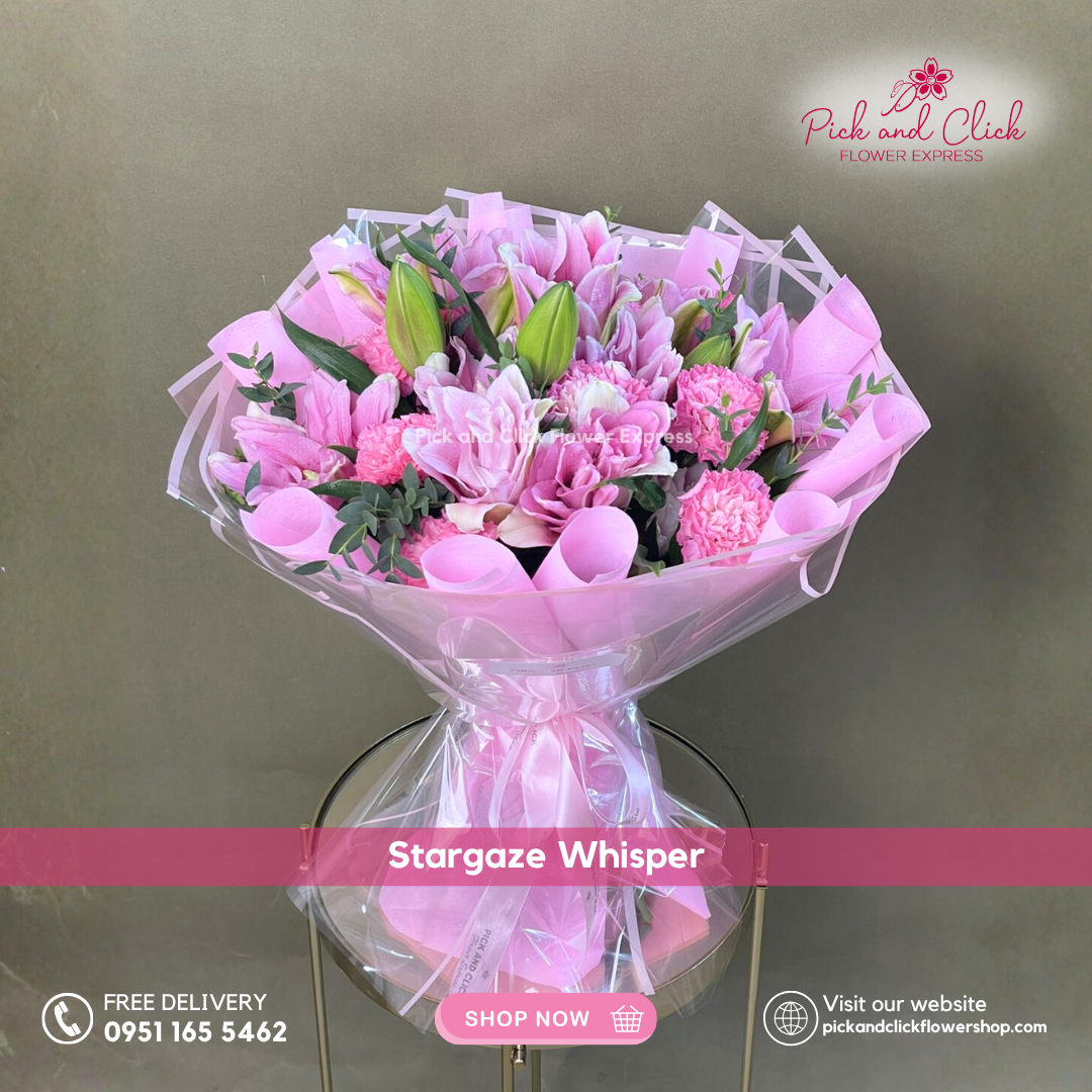 Stargaze Whisper Bouquet featuring double petal stargazer lilies, a soft and elegant floral arrangement perfect for romantic gifts, birthdays, anniversaries, and special occasions in the Philippines.