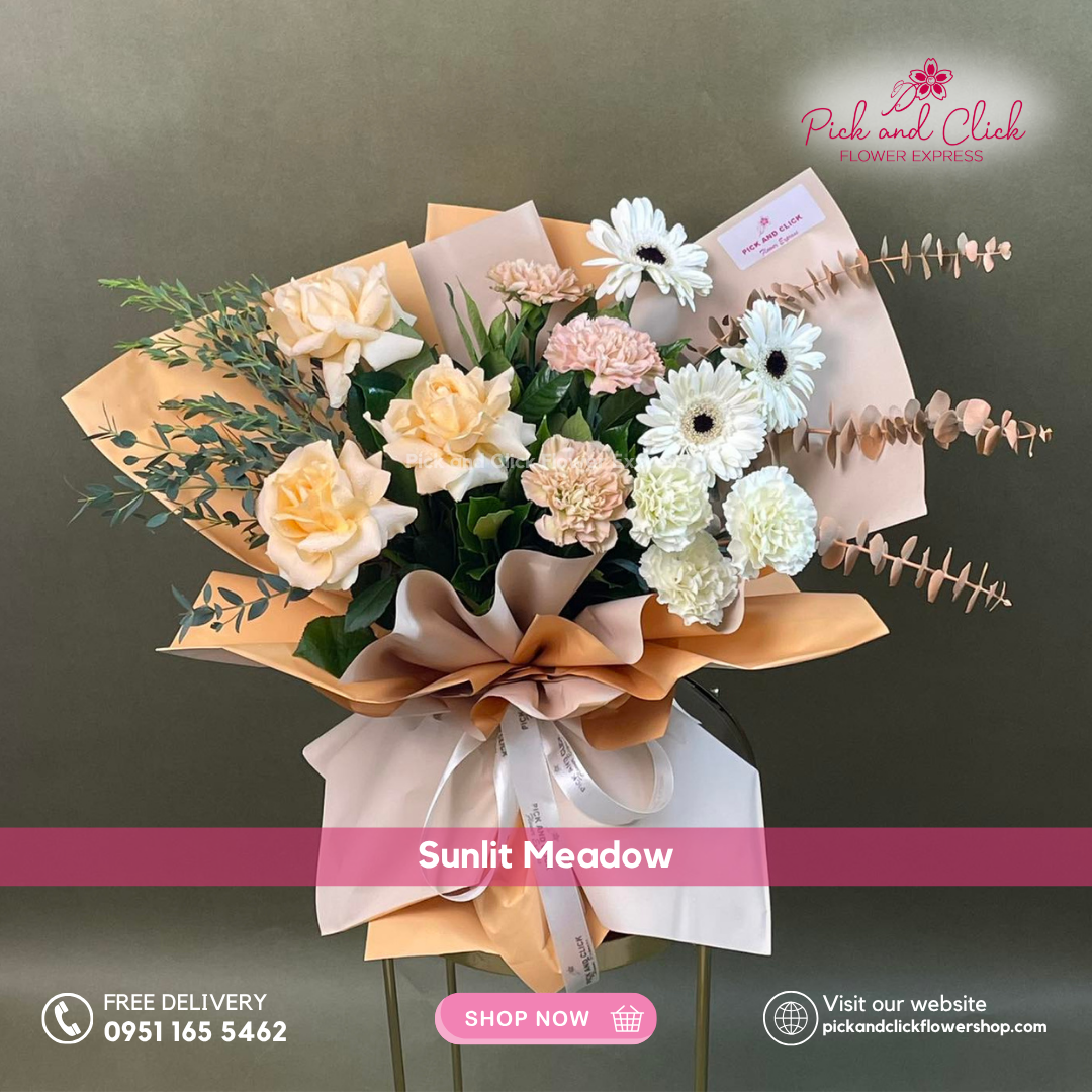 Peach rose, white gerbera, white and champagne carnation, parvi leaves, and peach-sprayed eucalyptus bouquet – Metro Manila flower delivery