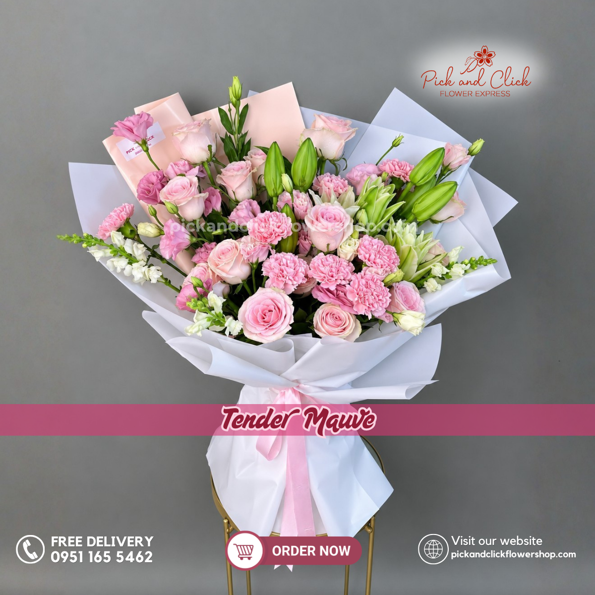 Tender Mauve Bouquet featuring 16 Light Pink Avalanche Roses, 10 Light Pink Carnations, 2 Stems Double-Petal White Lilies, Pink Lisianthus, and Snapdragons in an elegant floral arrangement in the Philippines.
