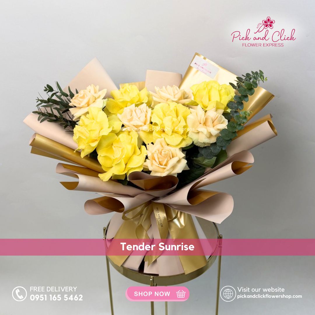 Tender Sunrise Bouquet featuring yellow and peach roses accented with fresh parvi leaves, a warm and elegant floral arrangement perfect for birthdays, celebrations, and special occasions in the Philippines.