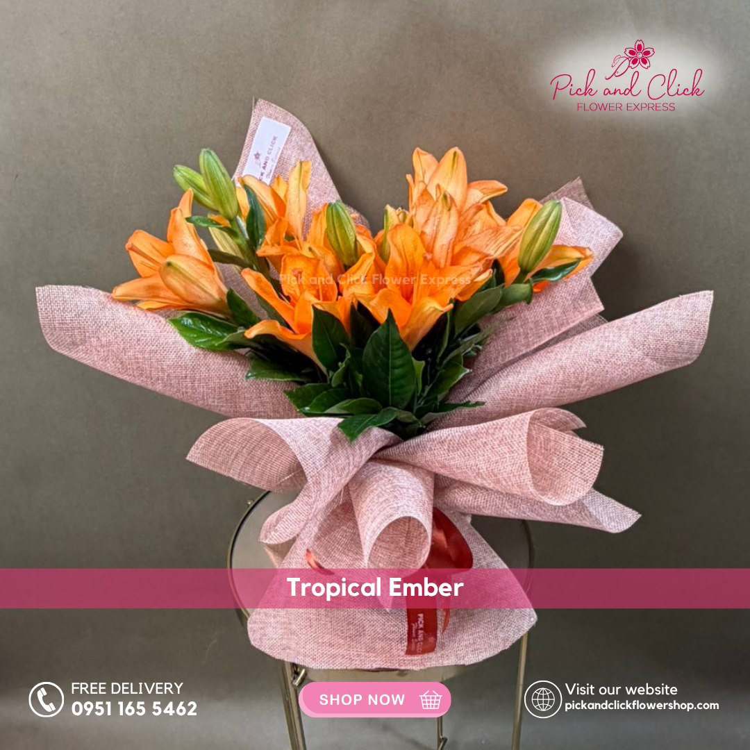 Tropical Ember Bouquet featuring fresh orange stargazer lilies, a bold and vibrant floral arrangement perfect for birthdays, celebrations, and special occasions in the Philippines.