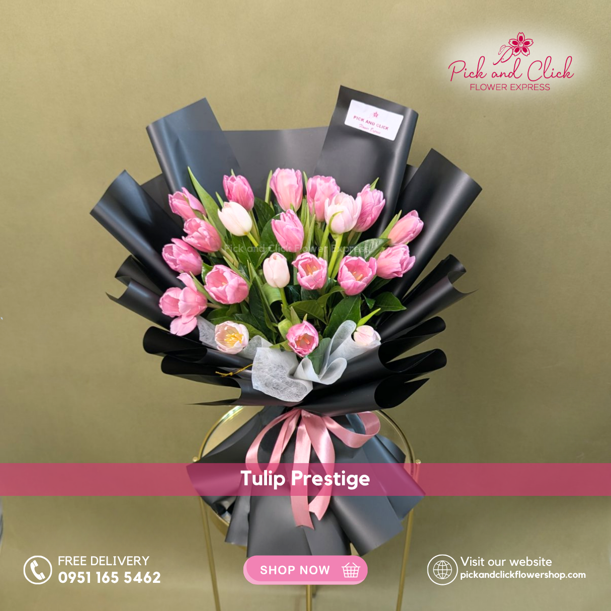 Tulip Prestige Bouquet featuring 20 premium pink tulips arranged in a luxurious and elegant floral design, a sophisticated bouquet perfect for birthdays, anniversaries, weddings, romantic gifts, and special occasions in the Philippines.