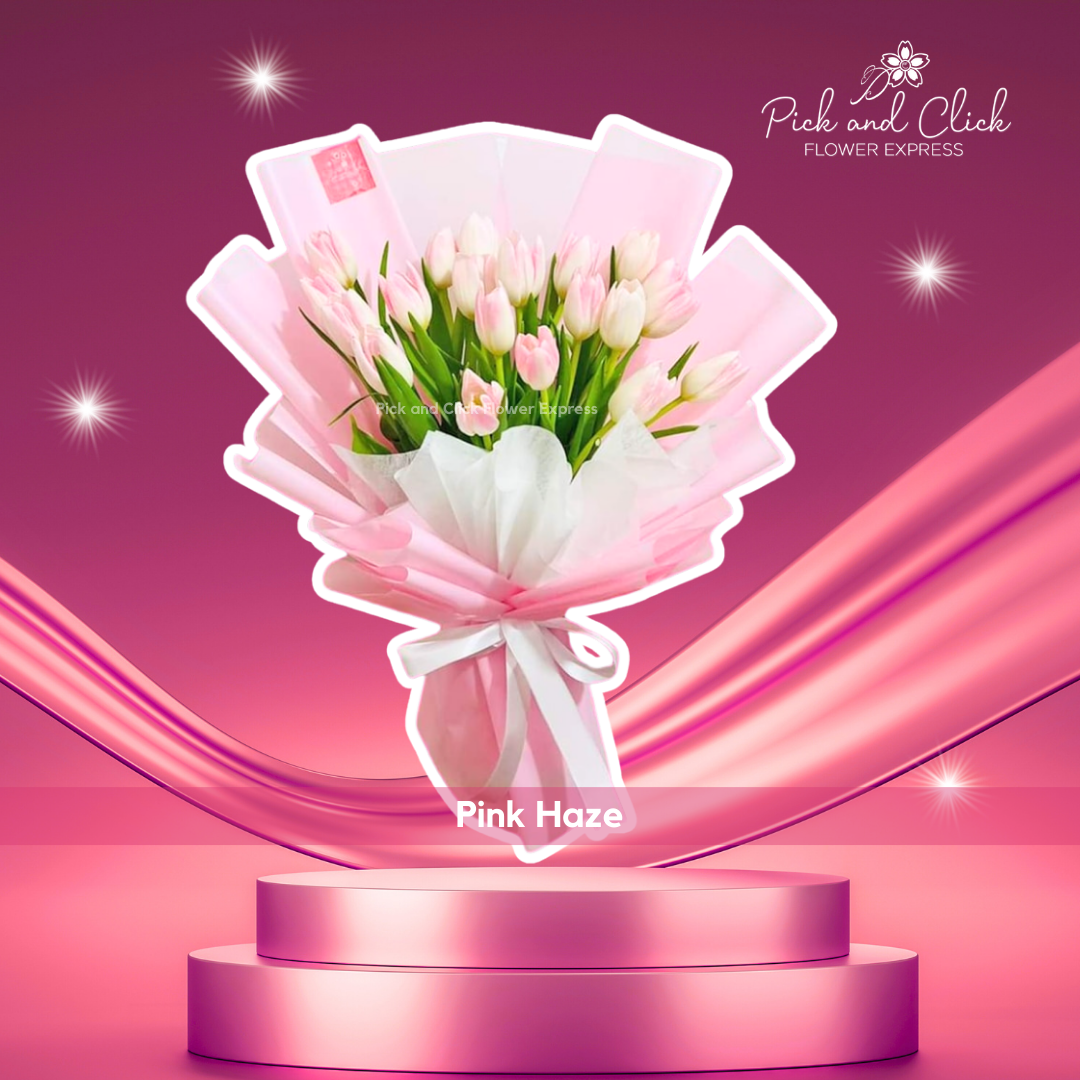 Bouquet of fresh pink tulips wrapped in soft pink paper — romantic floral arrangement
