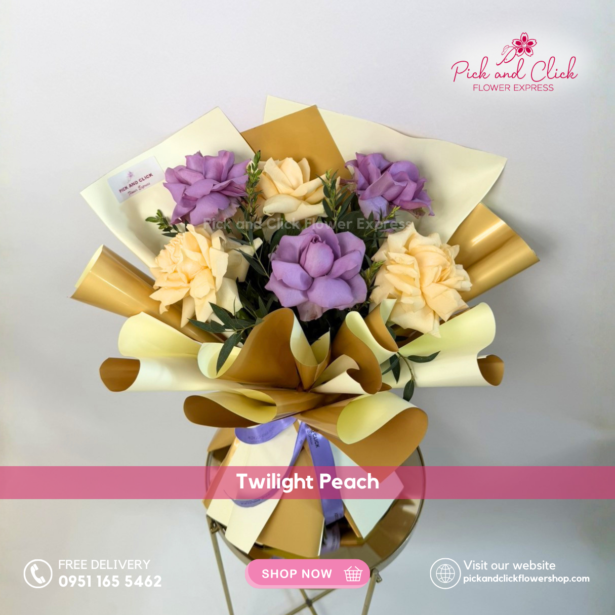 Twilight Peach Bouquet featuring moody blue roses, peach roses, and fresh parvi leaves, a unique and elegant color blend floral arrangement perfect for birthdays, anniversaries, and special occasions in the Philippines.