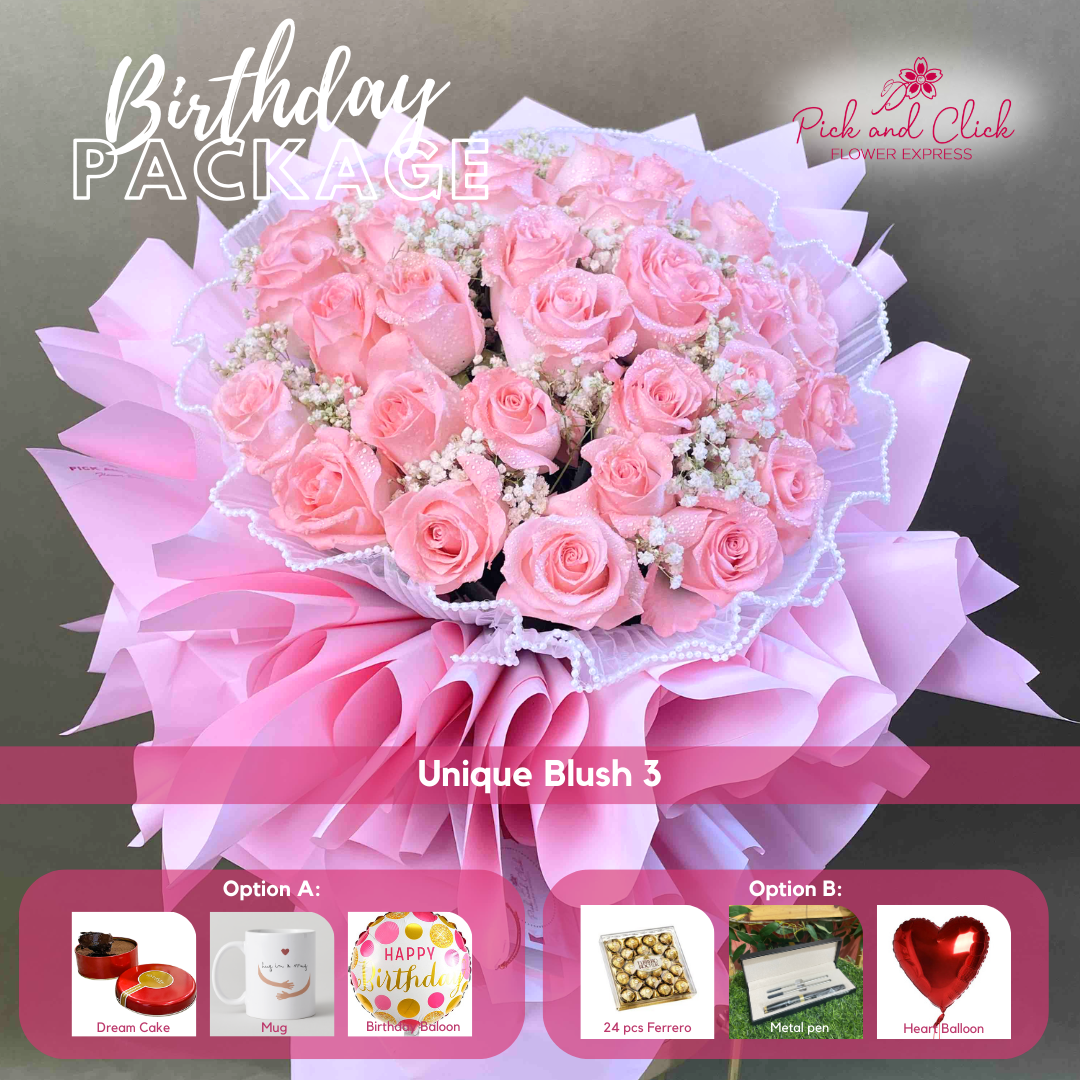 Unique Blush 3 Bouquet featuring 30 imported light pink roses with delicate gypsophila, arranged in an elegant and romantic floral design, presented as a birthday gift package with optional add ons in the Philippines.