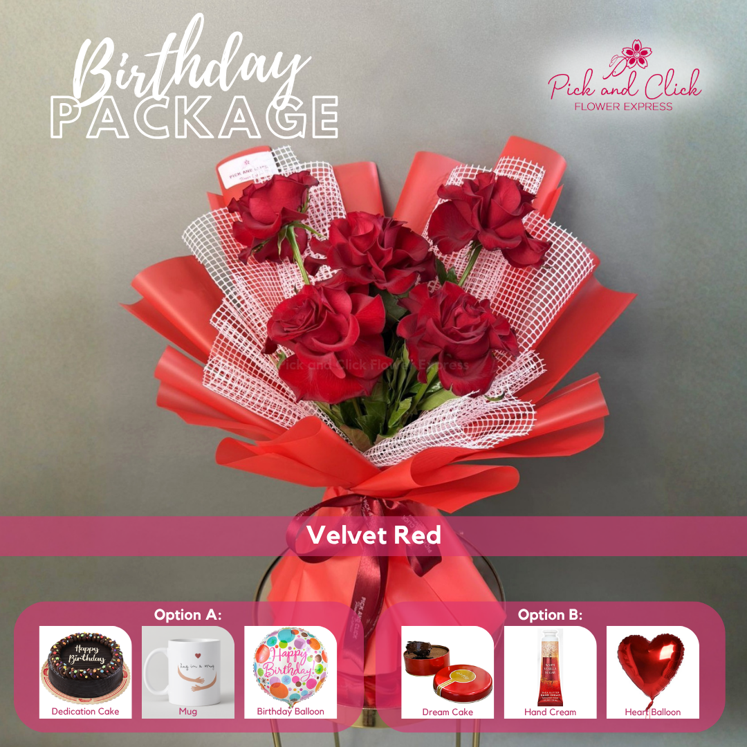 Velvet Red Birthday Package featuring 5 premium red roses with your choice of birthday gift add-ons.