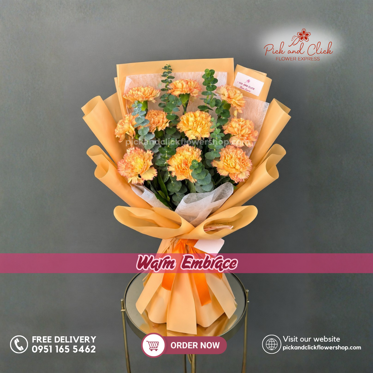 Warm Embrace Bouquet featuring 10 Two-Tone Orange & Yellow Carnations with Eucalyptus in a bright and cheerful floral arrangement in the Philippines.