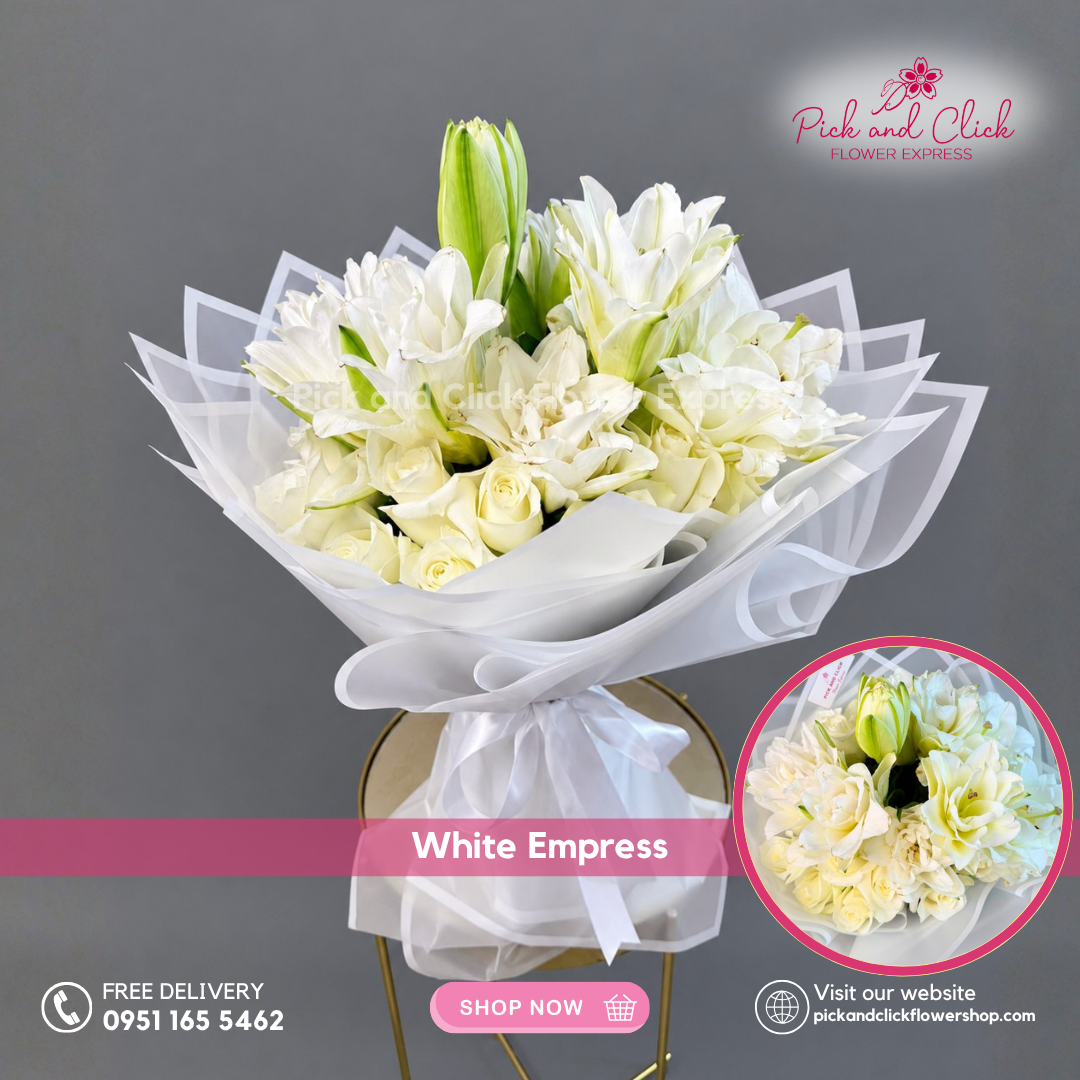 White Empress Bouquet featuring 20 white roses and 3 stems of double-petal white lilies with same-day delivery in the Philippines.