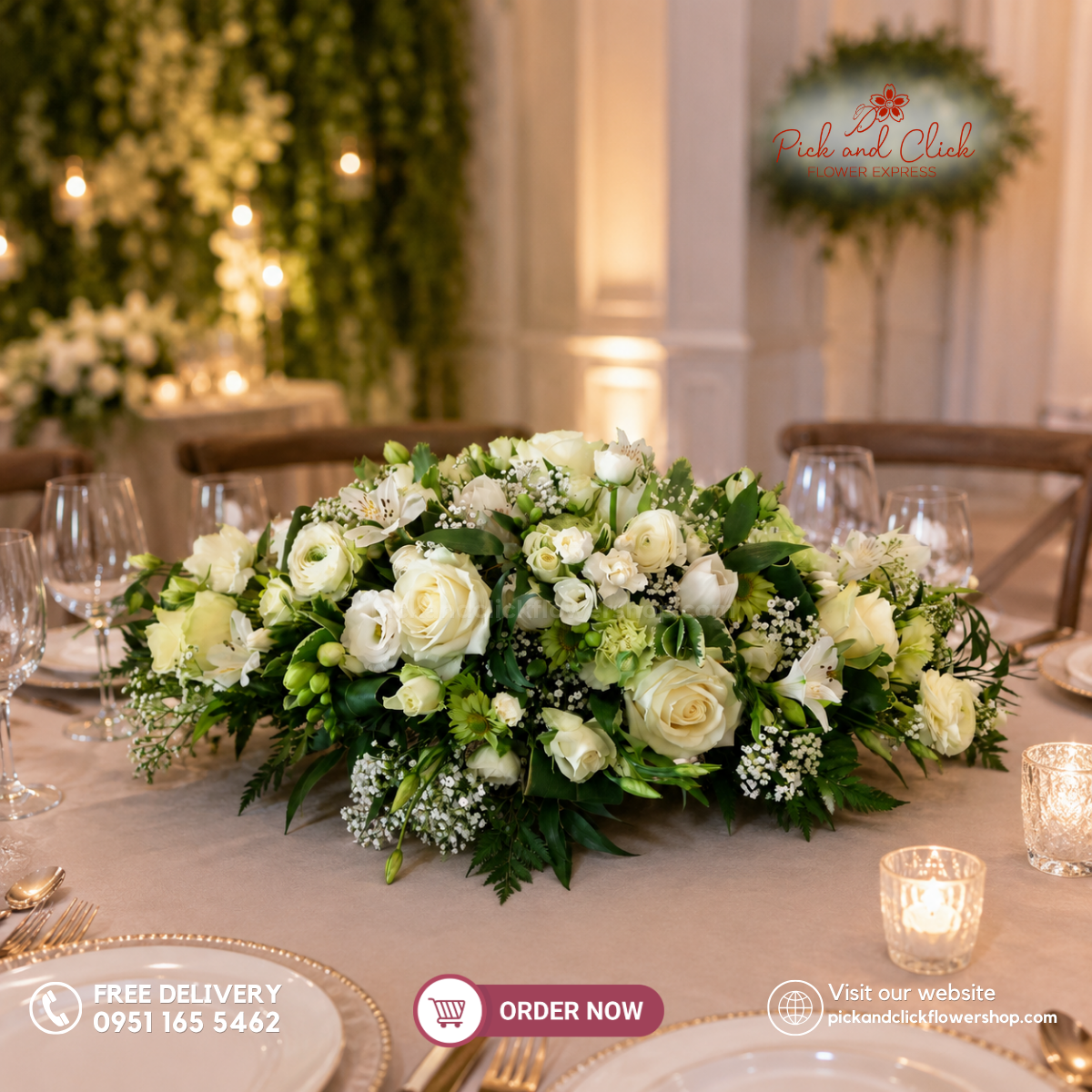 White Paradise Center Table Arrangement featuring Imported White Roses, White Lisianthus, White Carnations, White Tulips, Alstroemeria, Green Mums, Gypsophila, Davallia, Ruscus, Variegated Pittosporum, and Fortune Leaves for an elegant event centerpiece in the Philippines.