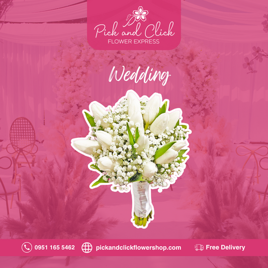 Bridal bouquet with white tulips and gypsophila baby's breath flowers