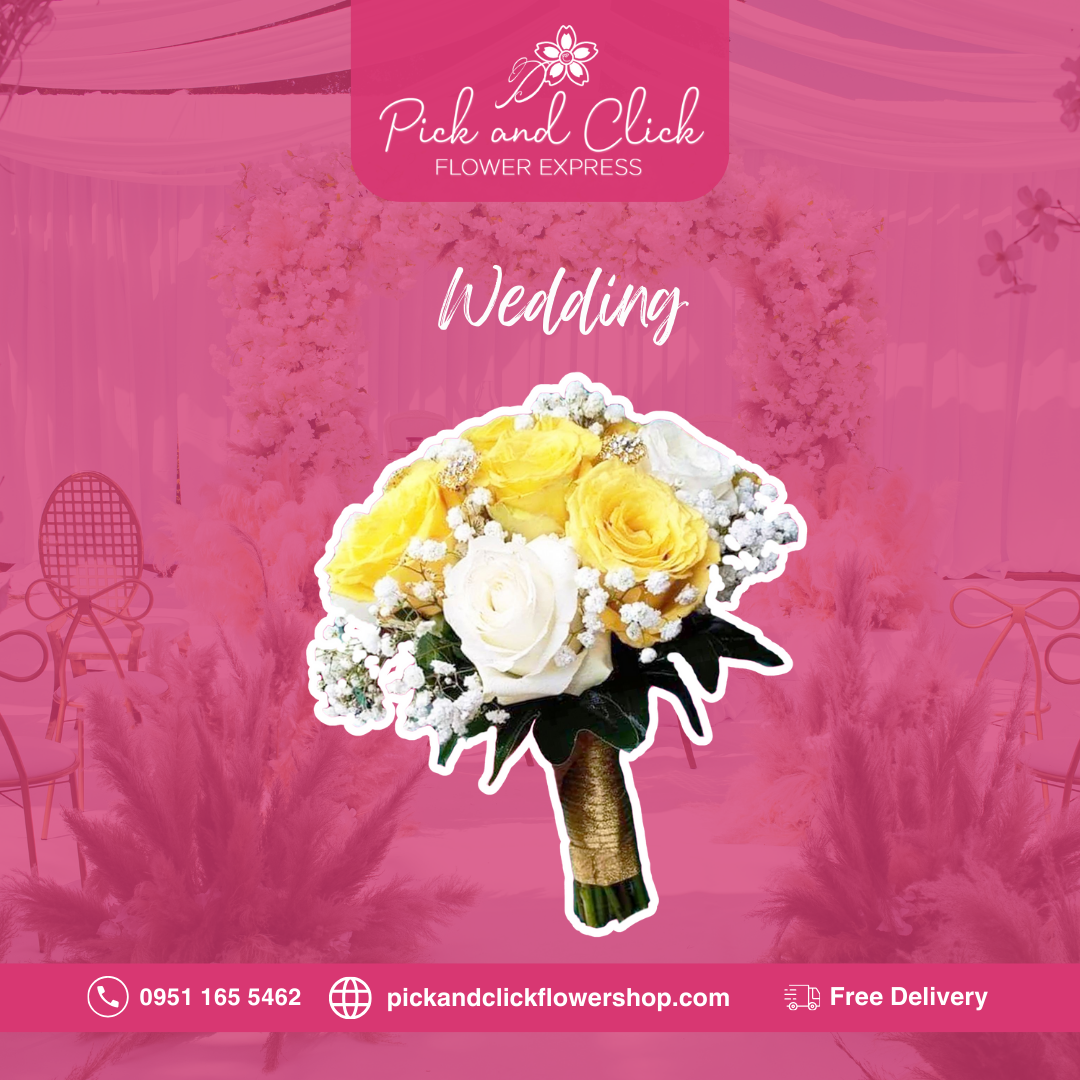 Bridal bouquet of imported white and yellow roses with gypsophila, hand-tied for an elegant wedding arrangement.