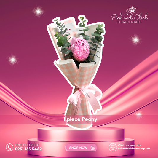 Bouquet of pink peony flowers on a pink platform with 'Pick and Click Flower Express' branding.