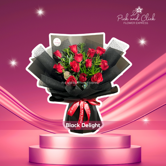 Bouquet of local red rose and podocarpus in black wrap with black net — bold and elegant floral gift