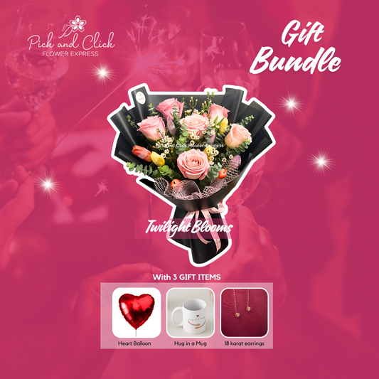Bouquet of imported pink roses and tulips in sleek black wrapping — a bold and elegant floral gift
