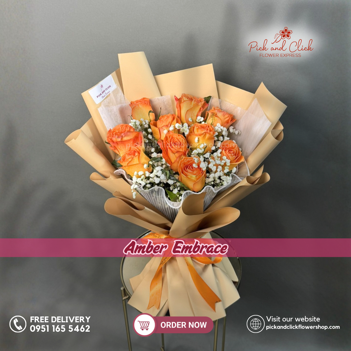 Amber Embrace bouquet featuring 10 orange roses and gypsophila in a vibrant and elegant floral arrangement.