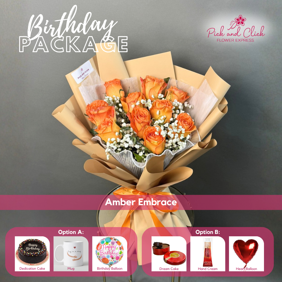 Amber Embrace Birthday Package featuring 10 orange roses with gypsophila, paired with your choice of a Dedication Round Cake or Dream Cake, mug, hand cream, and balloon gift set.