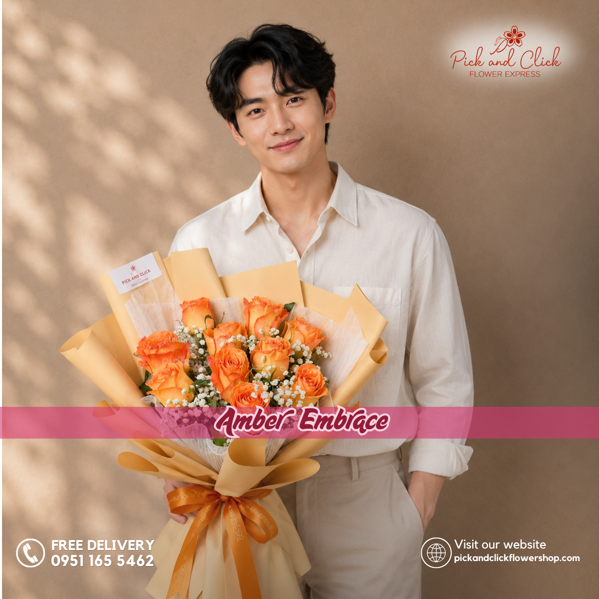 Amber Embrace Bouquet featuring 10 vibrant orange roses accented with delicate gypsophila, creating a striking floral arrangement with soft white accents, perfect for birthdays, congratulations, celebrations, and special occasions in the Philippines.