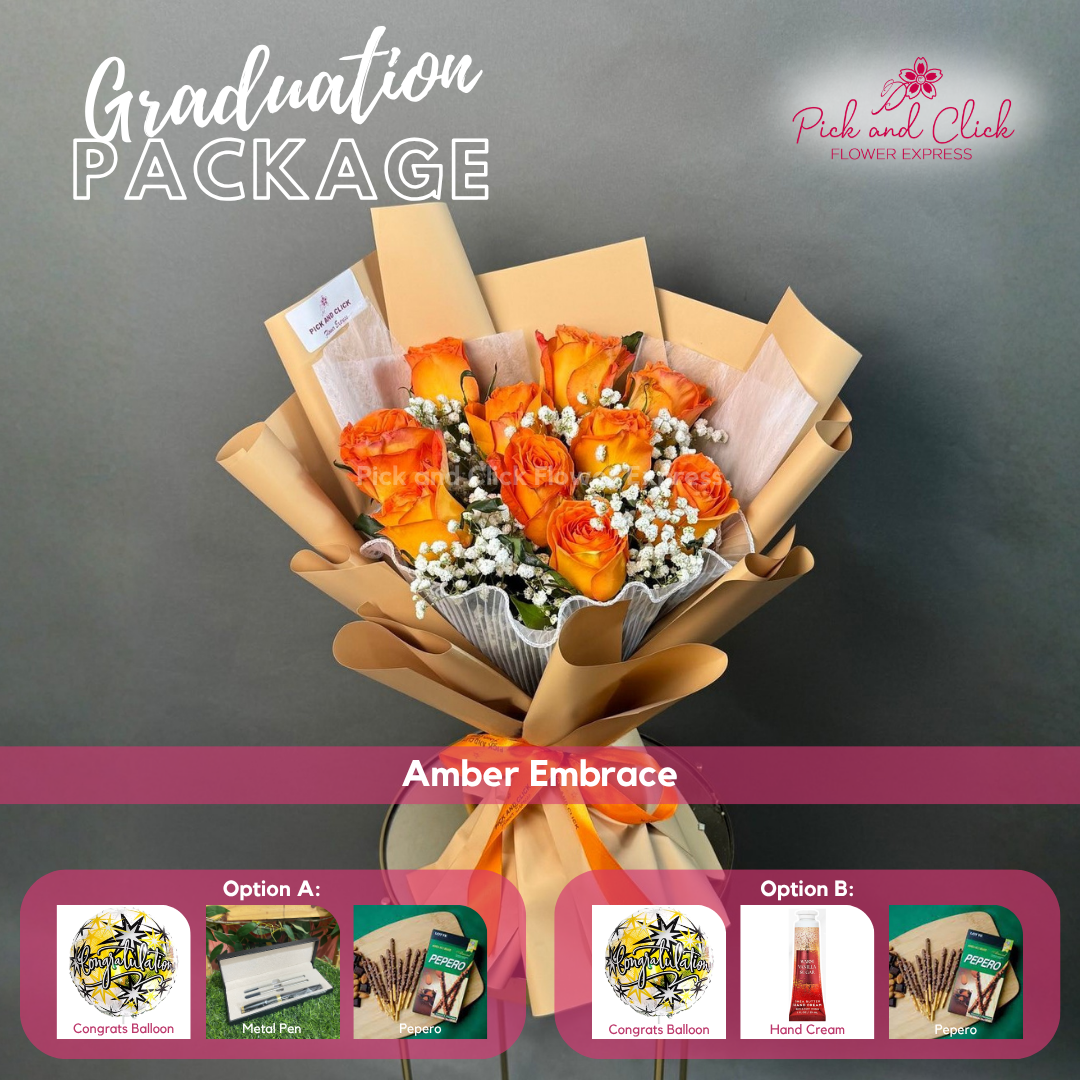 Amber Embrace Grad Pack featuring 10 fresh orange roses accented with delicate gypsophila, arranged with your choice of graduation gift add ons, a vibrant and memorable floral arrangement perfect for graduation ceremonies, achievements, and celebrations in the Philippines.
